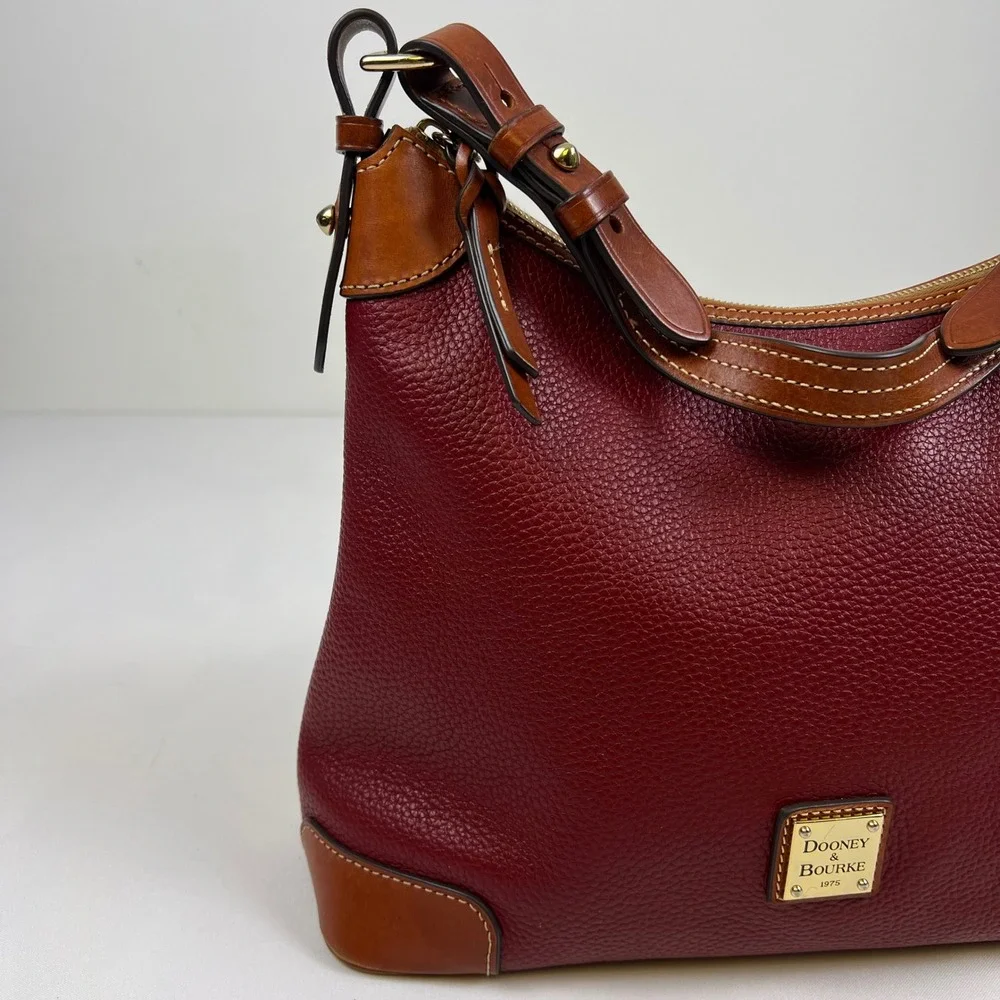 Dooney & Bourke Pebble Grain Leather Hobo Bag Burgundy Brown Trim Good Condition